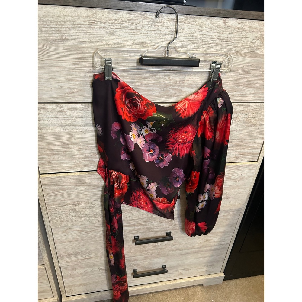 Express Conscious Edit Floral One Shoulder Tie Waist Crop Top Blouse Small - Picture 3 of 5